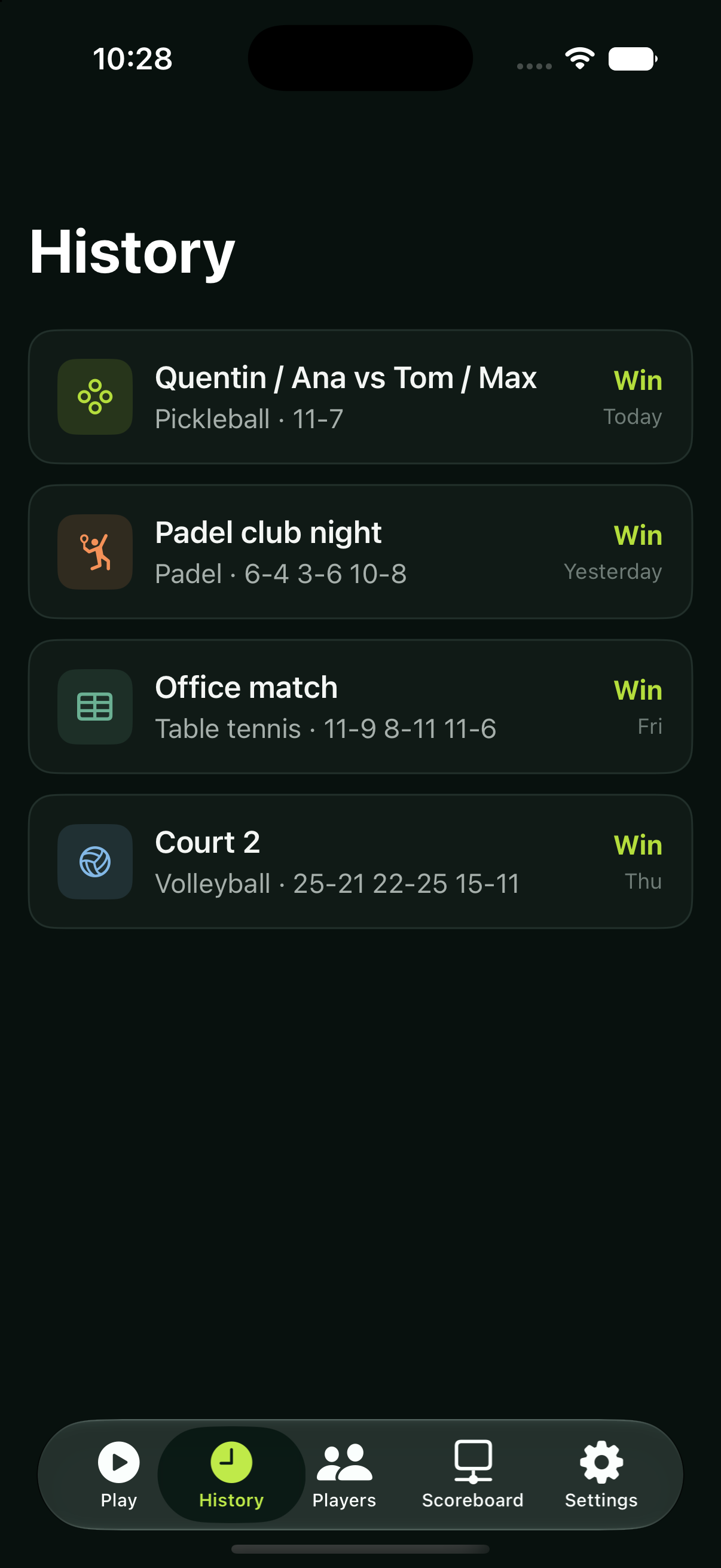 CourtKeeper match history on iPhone