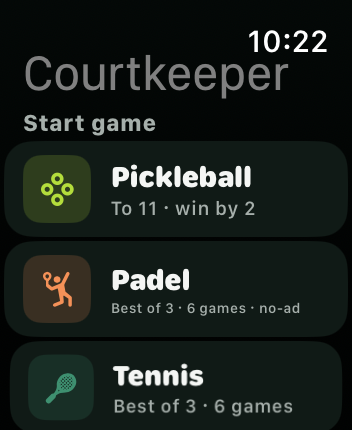 CourtKeeper sport selection on Apple Watch